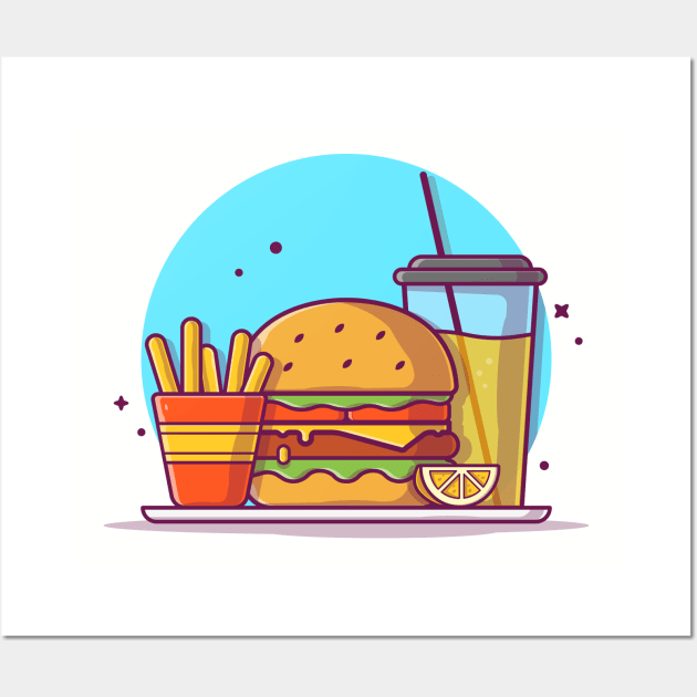 Burger with Orange Juice, Lemon, Mustard, and French Fries Cartoon Vector Icon Illustration Wall Art by Catalyst Labs